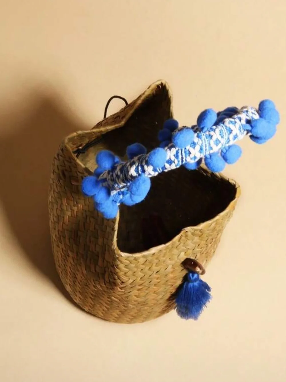 Blue-Accent Woven Straw Bucket Bag